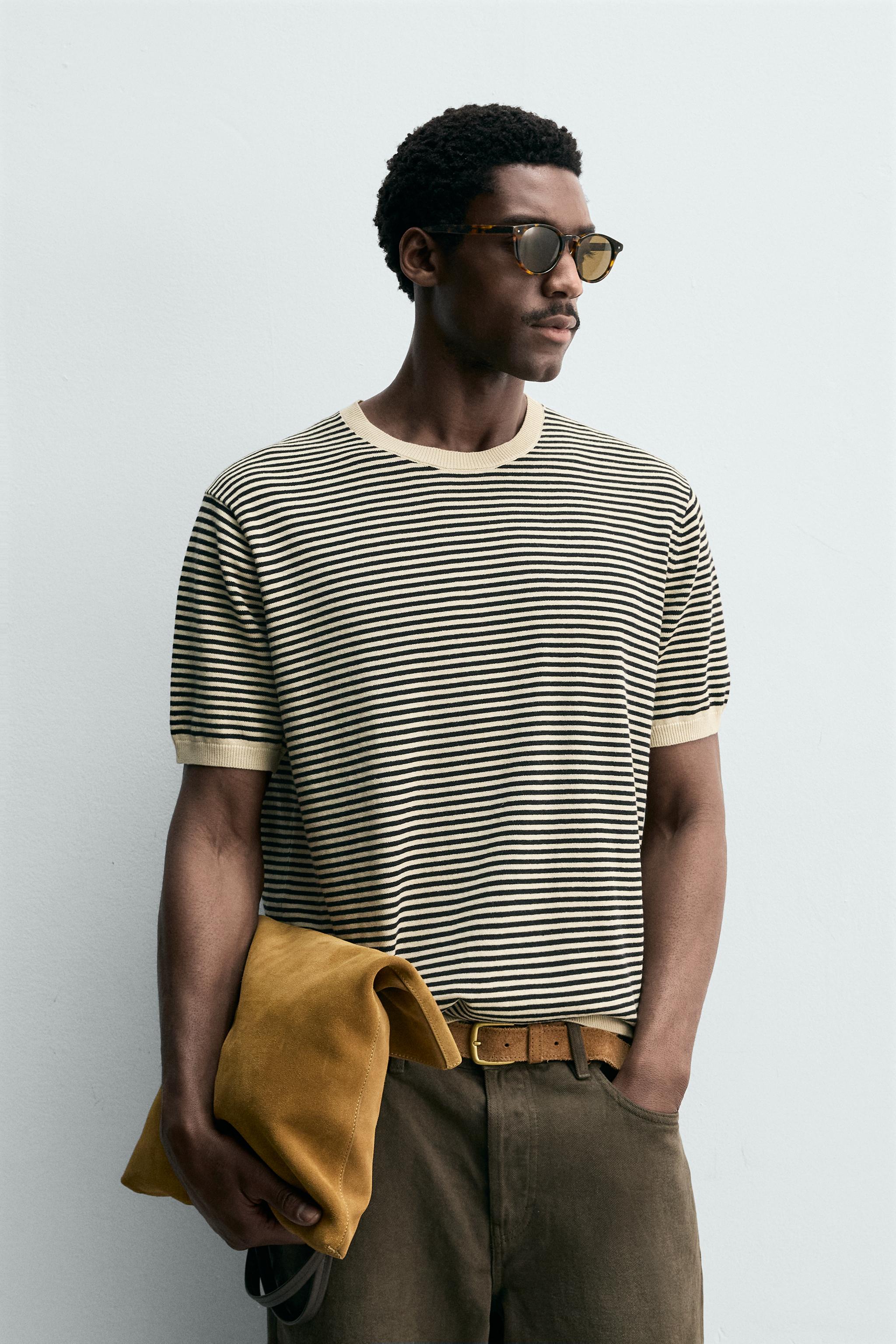 STRIPED COTTON LINEN KNIT T-SHIRT